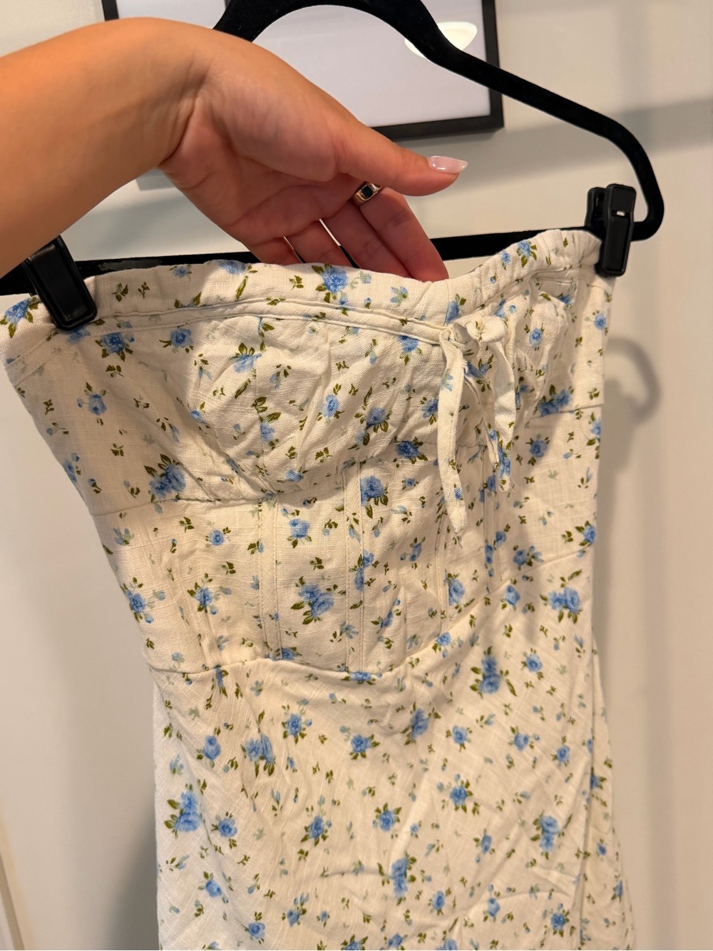 wild fable Cream Strapless Midi Dress with Blue Floral Print and Green Accents
